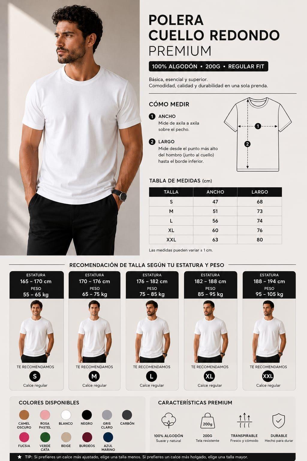 Poleras Cuello Redondo 200G Basicas 100 Algodon Estampar y Bordar-7