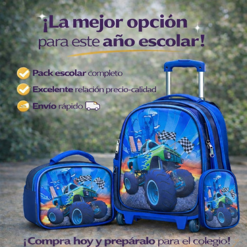 Set Mochila Con Ruedas Escolar Estuche Y Lonchera Infantil Auto-7