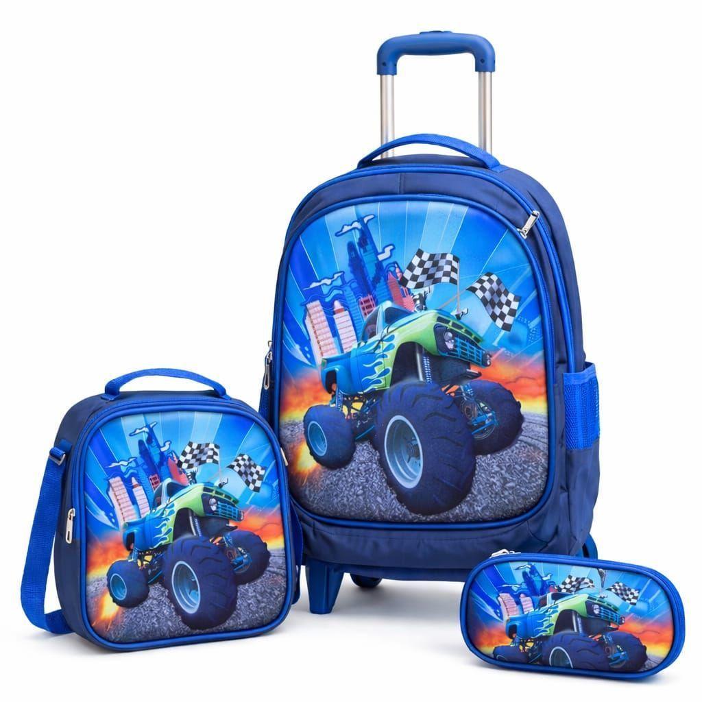 Set Mochila Con Ruedas Escolar Estuche Y Lonchera Infantil Auto-0