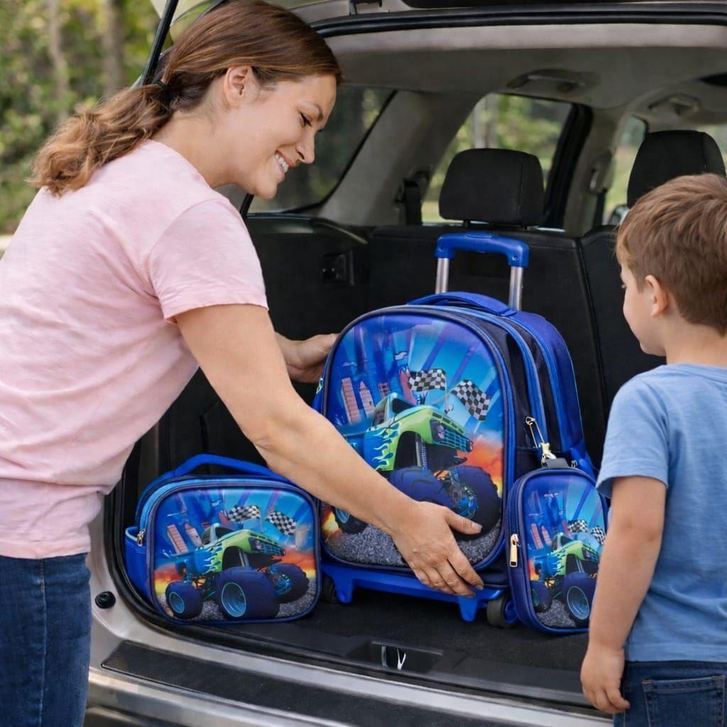 Set Mochila Con Ruedas Escolar Estuche Y Lonchera Infantil Auto-4