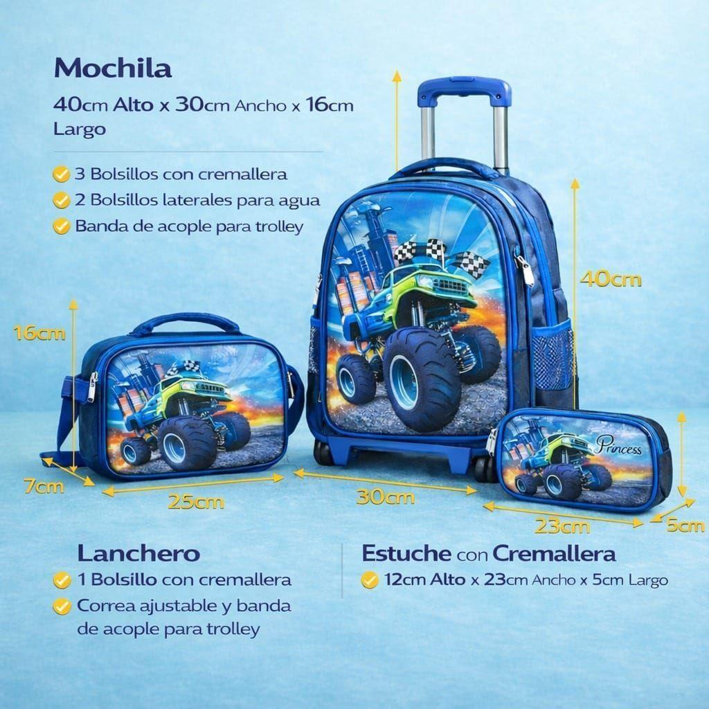 Set Mochila Con Ruedas Escolar Estuche Y Lonchera Infantil Auto-5