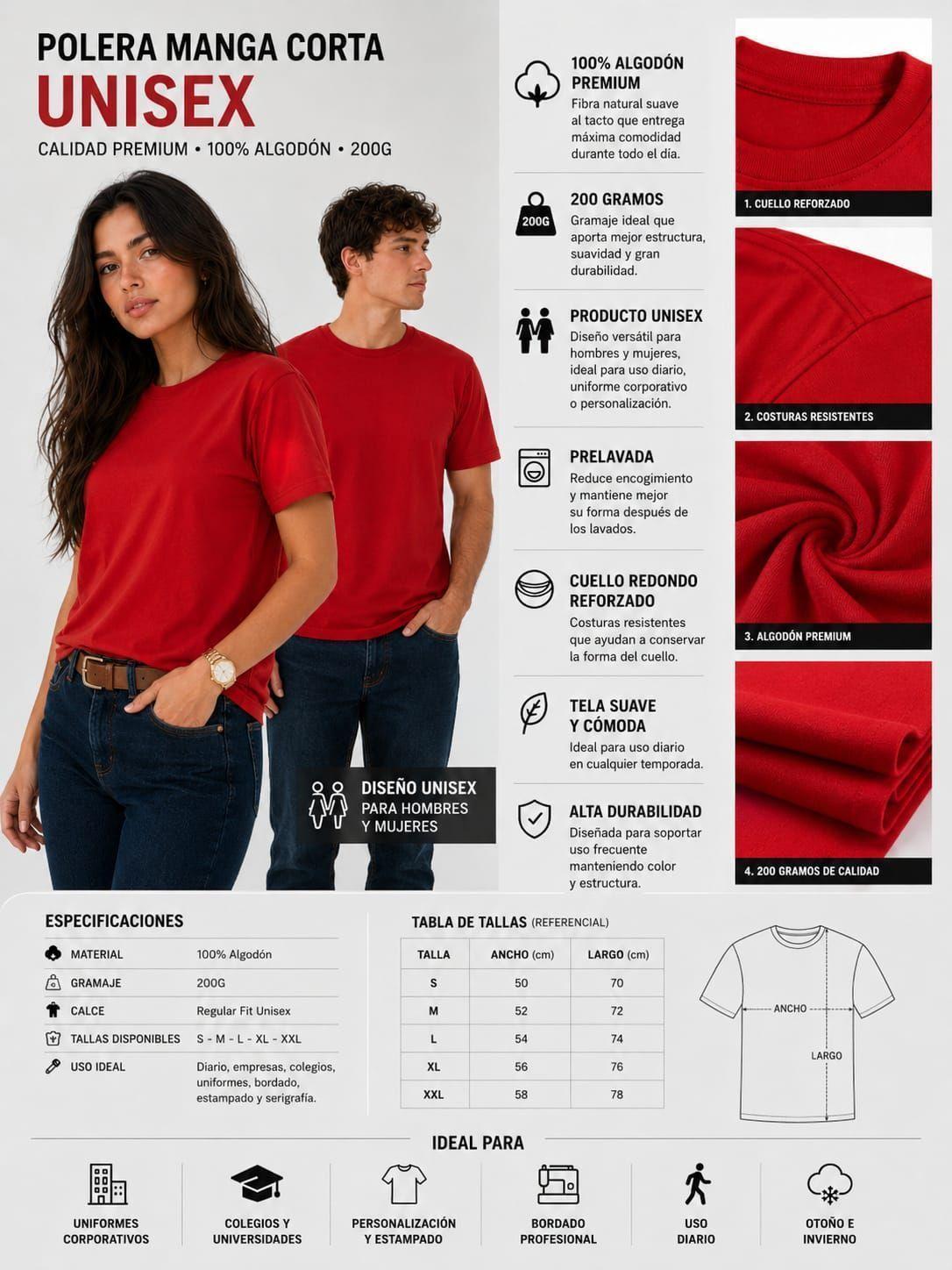 Polera Basica De Mujer 200G Cuello Redondo 100% Algodon Unisex-9