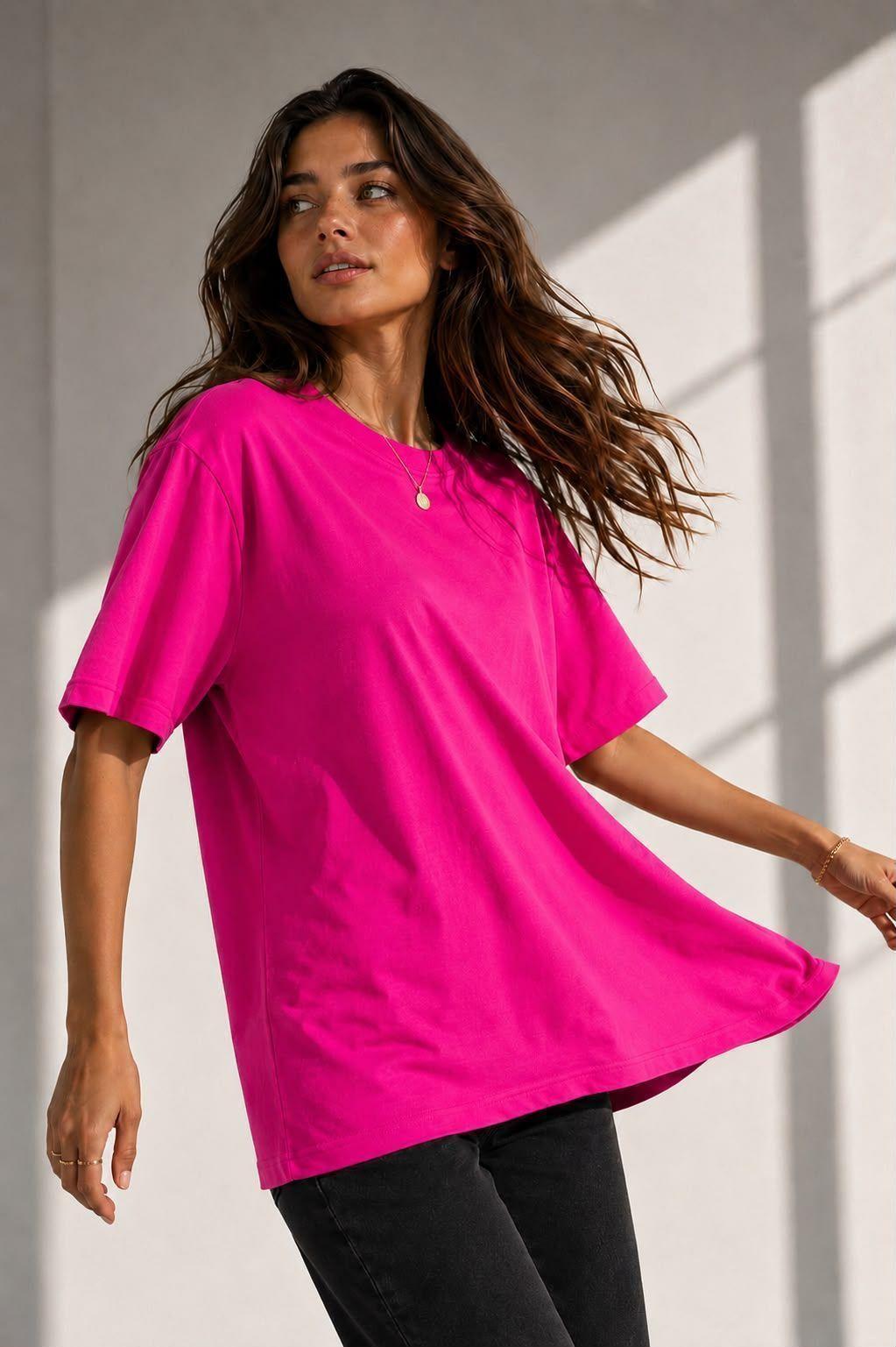 Polera Mujer Algodón 100% 200g Cuello Redondo Corte Holgado Manga Corta Básica-7
