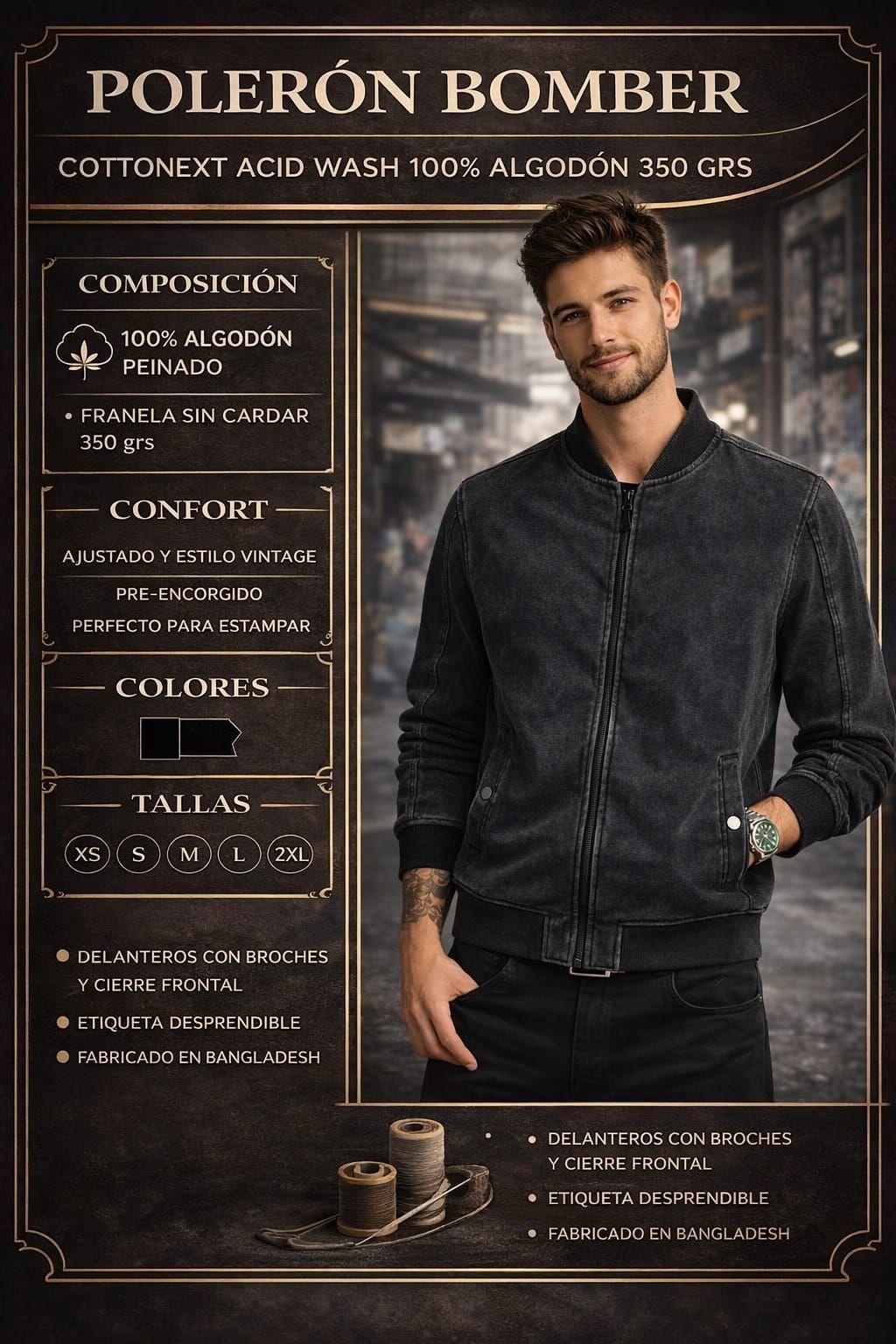 Poleron Bomber Acid Wash Desteñido 100 Algodon 350g Basico-6