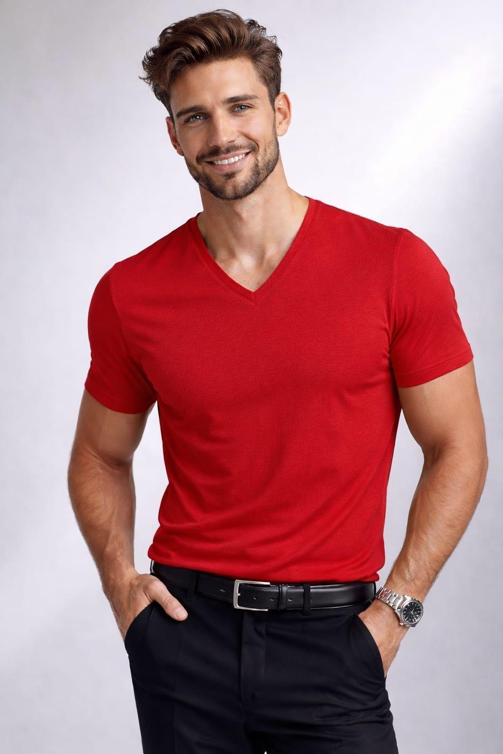 Polera Cuello V SlimFit 200G Algodon Manga Corta Basica-0