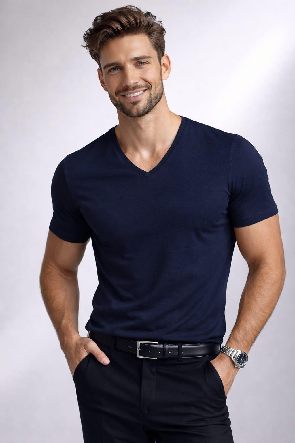 Polera Cuello V SlimFit 200G Algodon Manga Corta Basica-0