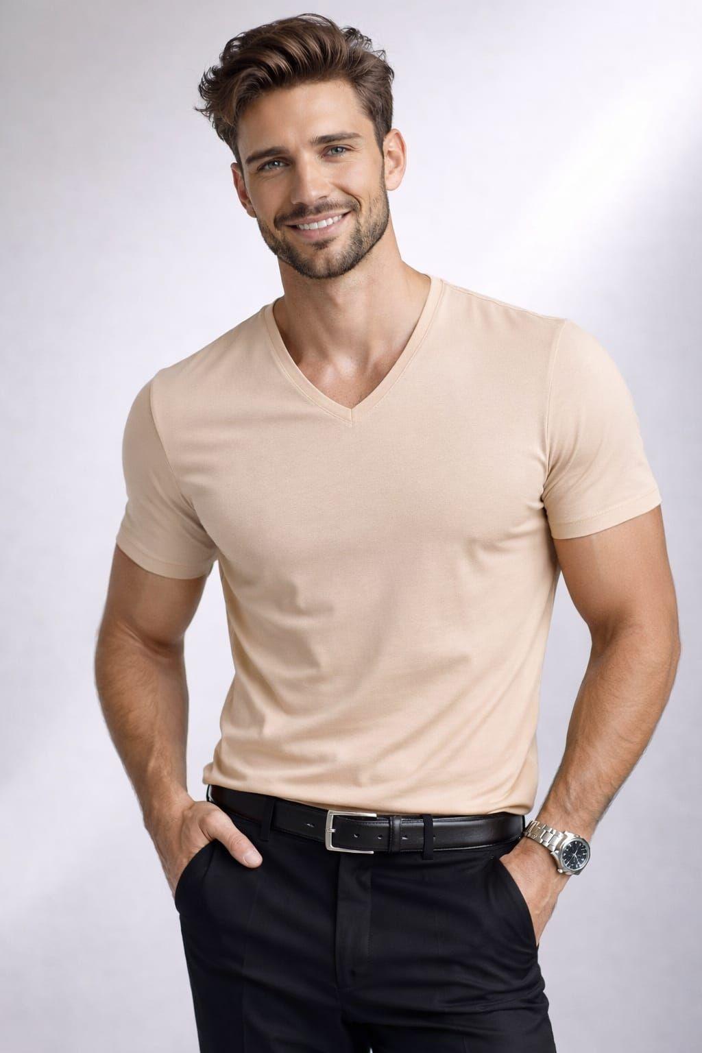 Polera Cuello V SlimFit 200G Algodon Manga Corta Basica-0