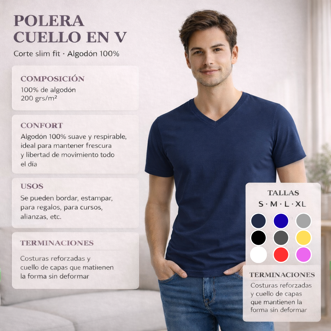 Polera Cuello V SlimFit 200G Algodon Manga Corta Basica-5