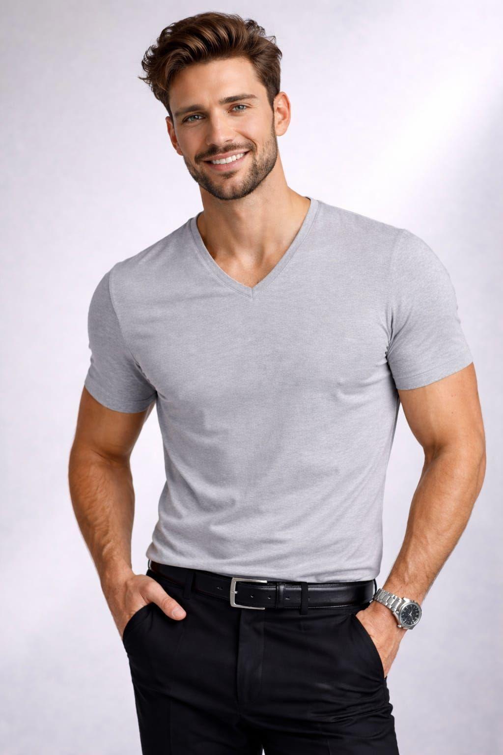 Polera Cuello V SlimFit 200G Algodon Manga Corta Basica-0