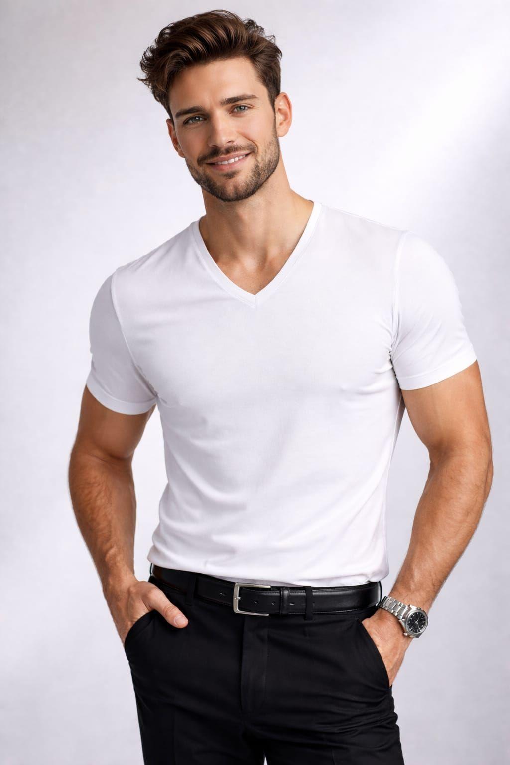 Polera Cuello V SlimFit 200G Algodon Manga Corta Basica-0