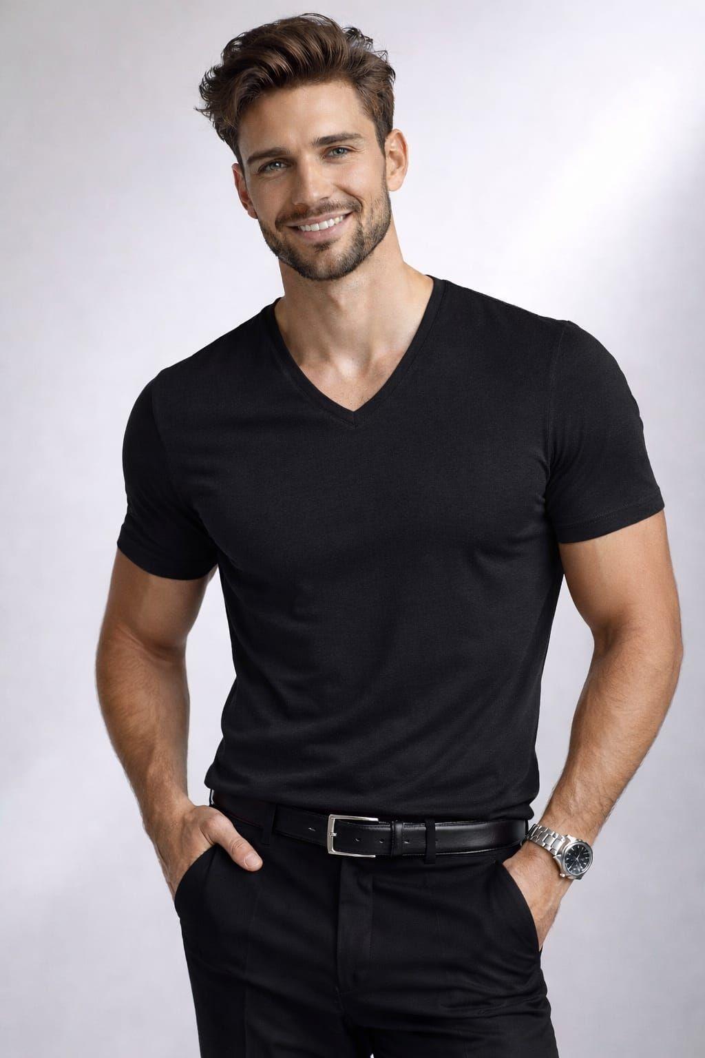 Polera Cuello V SlimFit 200G Algodon Manga Corta Basica-0
