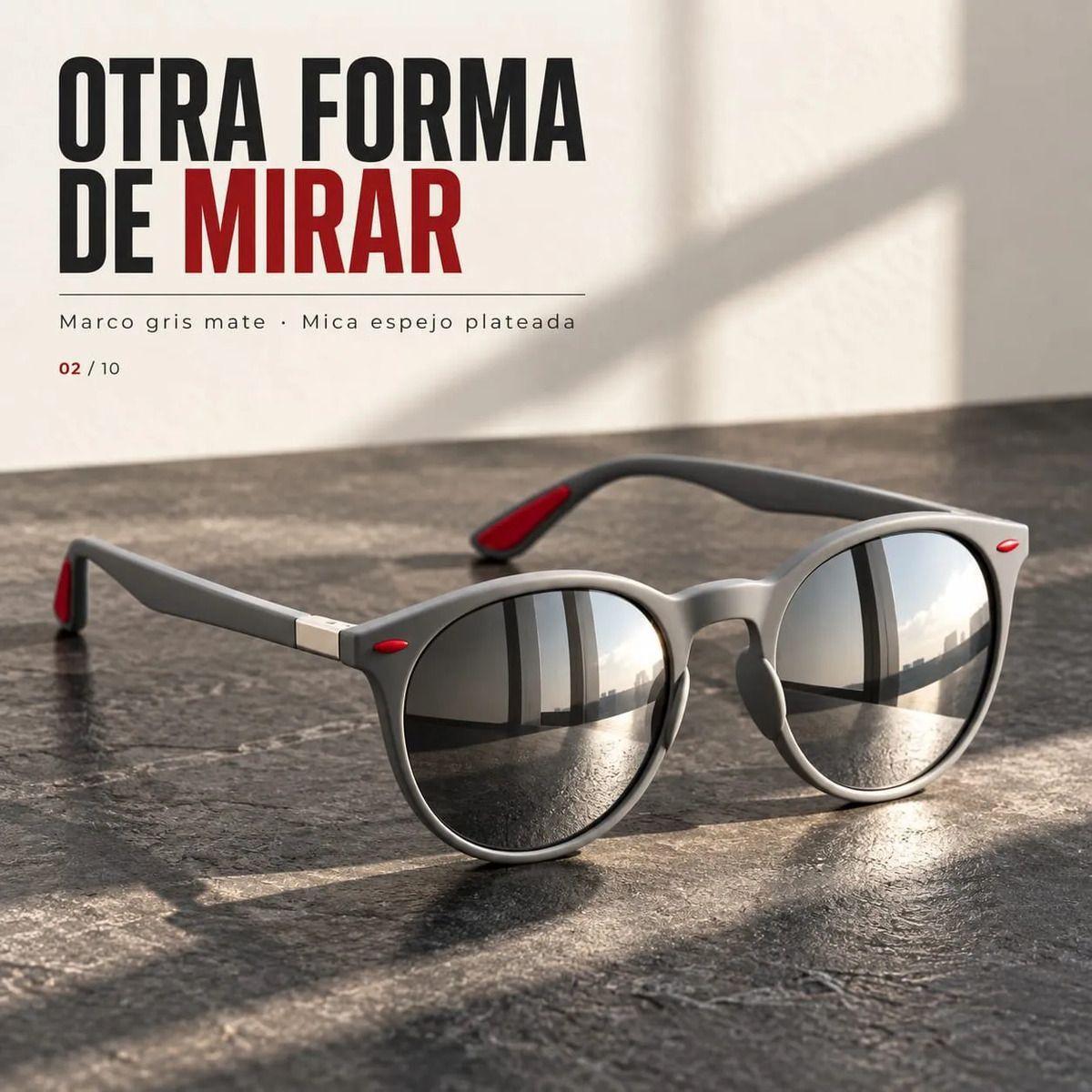 Lentes De Sol Hombre Redondos Espejados Plateados Marco Gris-2