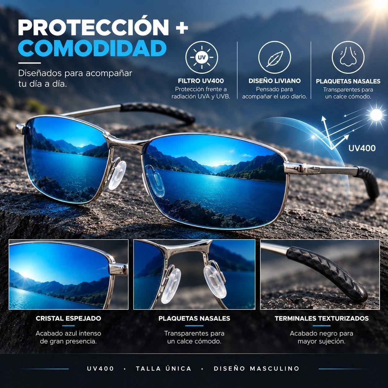 Lentes De Sol Aero Hombre Uv400 Rectangulares Tr90 Espejados Con Estuche-5