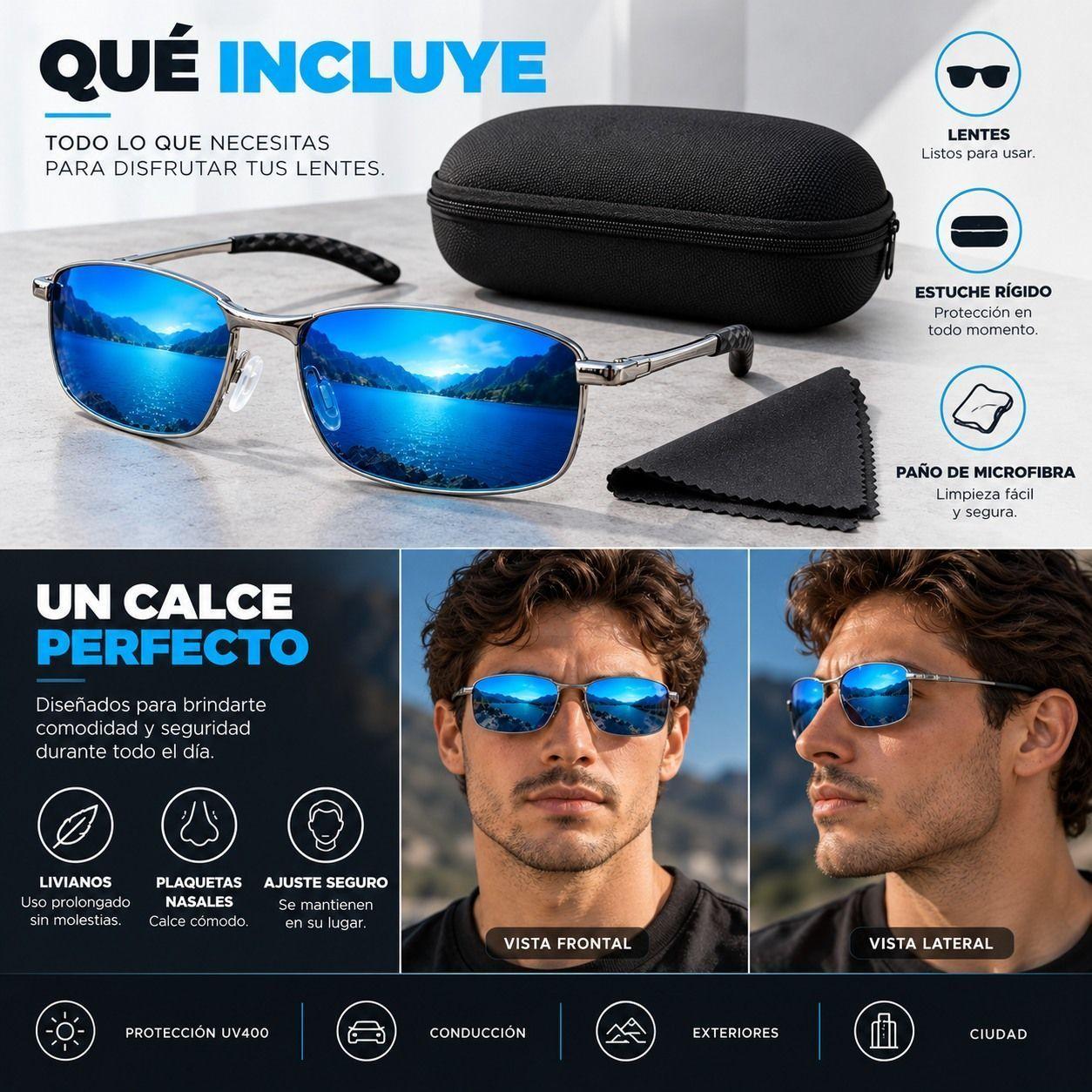 Lentes De Sol Aero Hombre Uv400 Rectangulares Tr90 Espejados Con Estuche-9