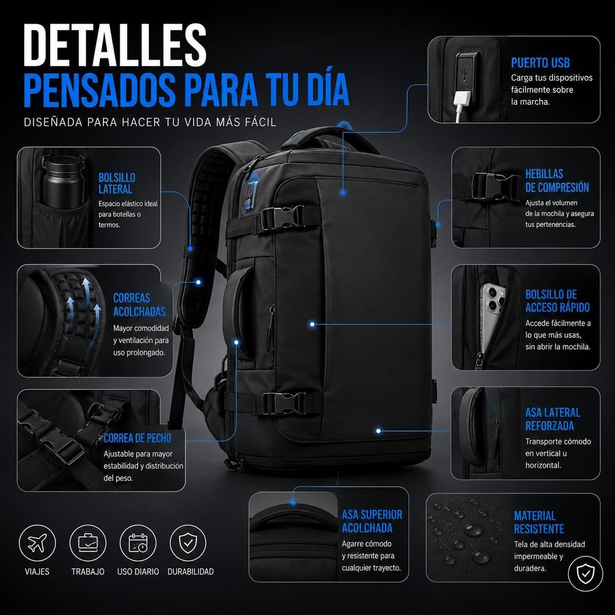 Mochila De Viaje Impermeable Cabina Avion 35l Notebook 17 45x30x20-1