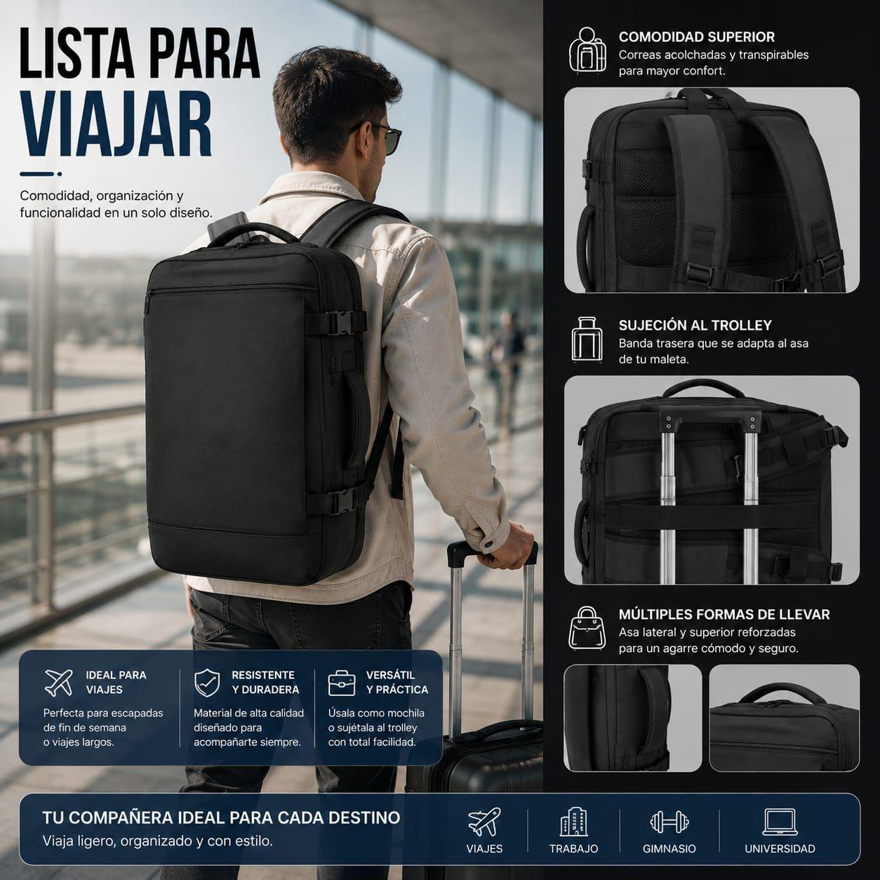 Mochila De Viaje Impermeable Cabina Avion 35l Notebook 17 45x30x20-4