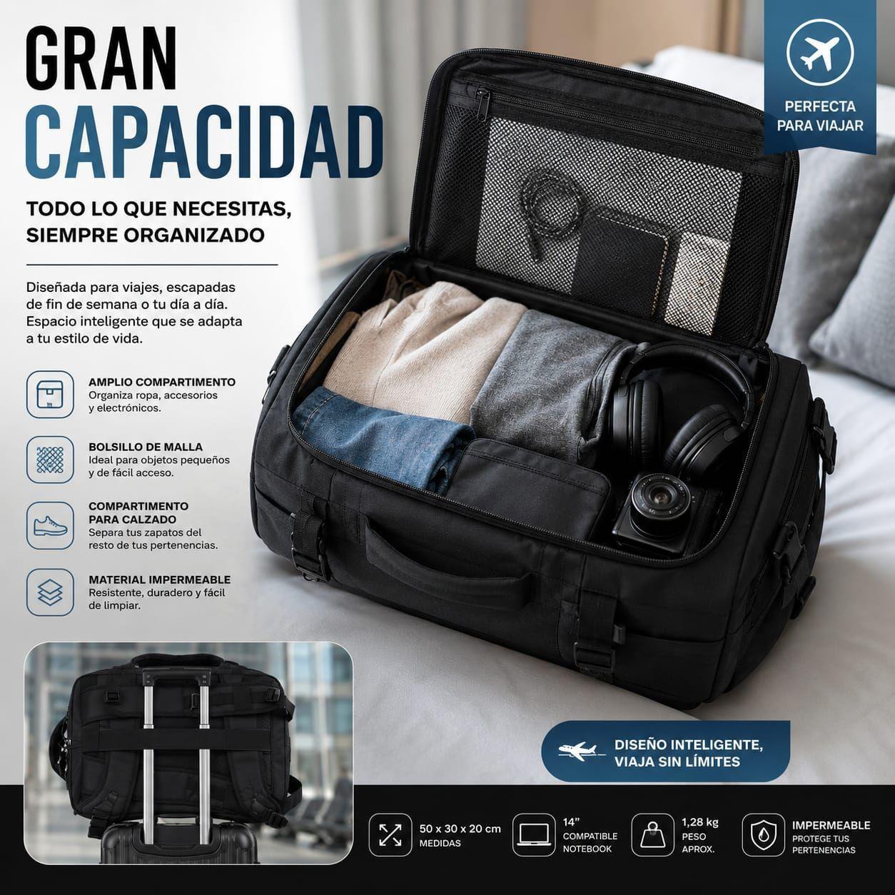 Mochila De Viaje Impermeable Cabina Avion 35l Notebook 17 45x30x20-7