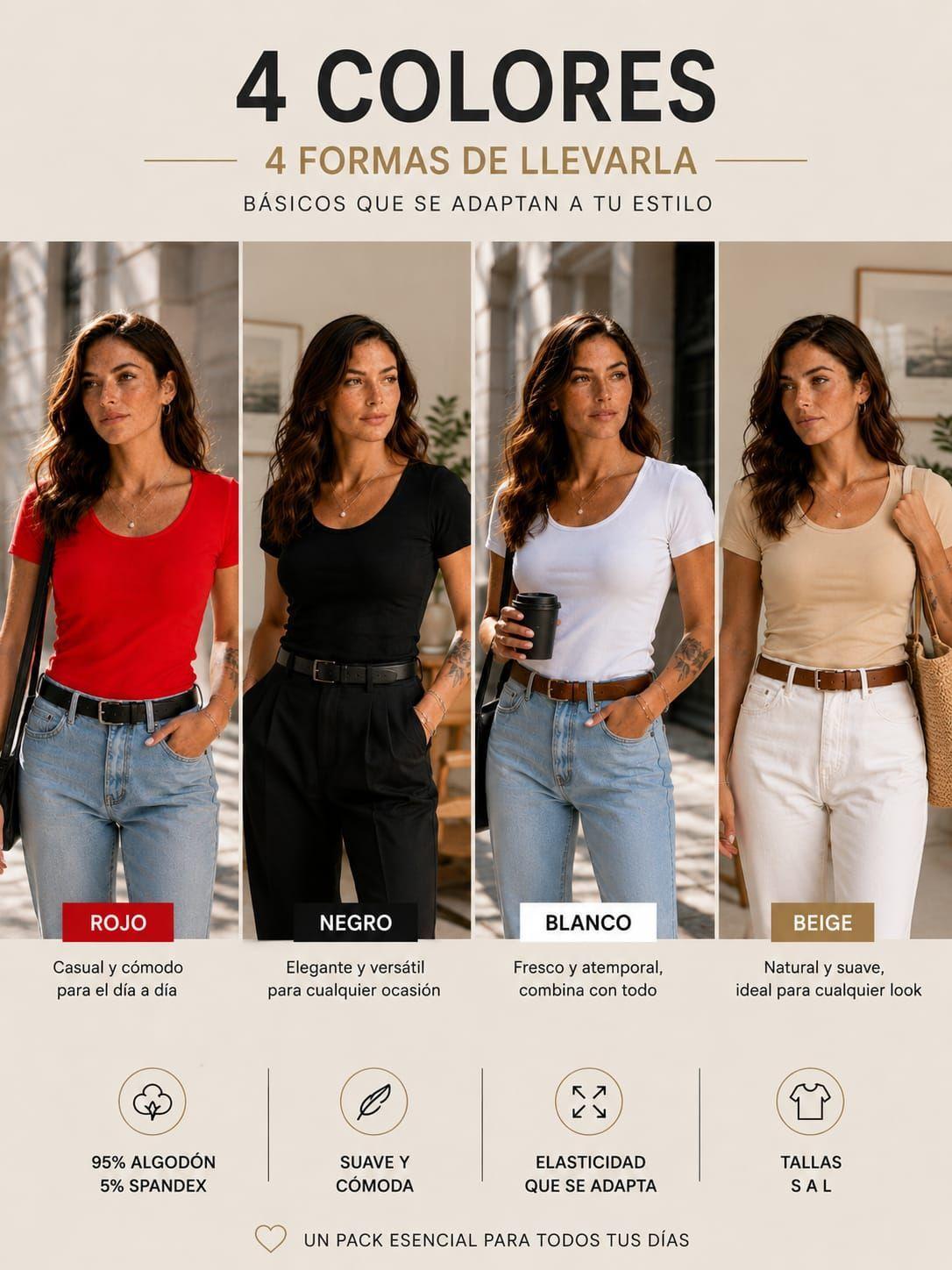 Pack 4 Poleras Elasticadas De Mujer 180g Manga Corta Algodon Cuello Redondo-3