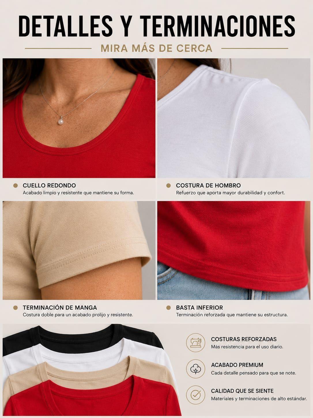 Pack 4 Poleras Elasticadas De Mujer 180g Manga Corta Algodon Cuello Redondo-4