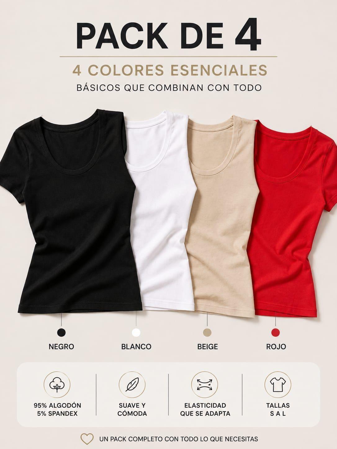 Pack 4 Poleras Elasticadas De Mujer 180g Manga Corta Algodon Cuello Redondo-7