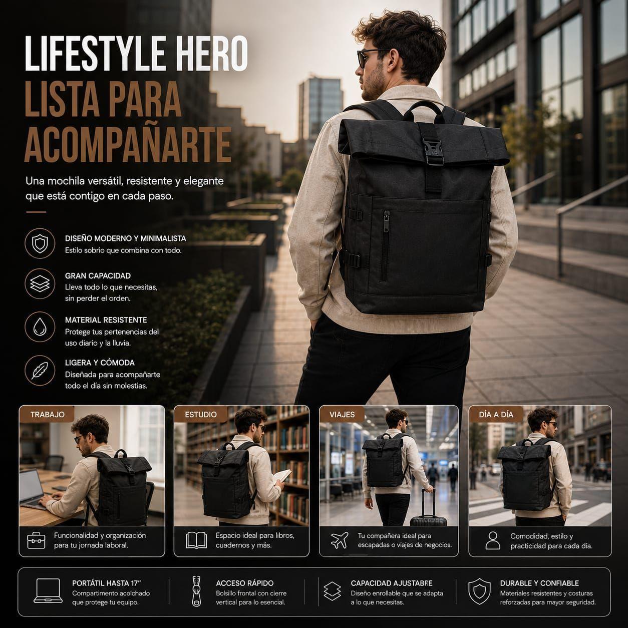 Mochila Impermeable Roll Top Bag Viaje Notebook Urbana 25-3