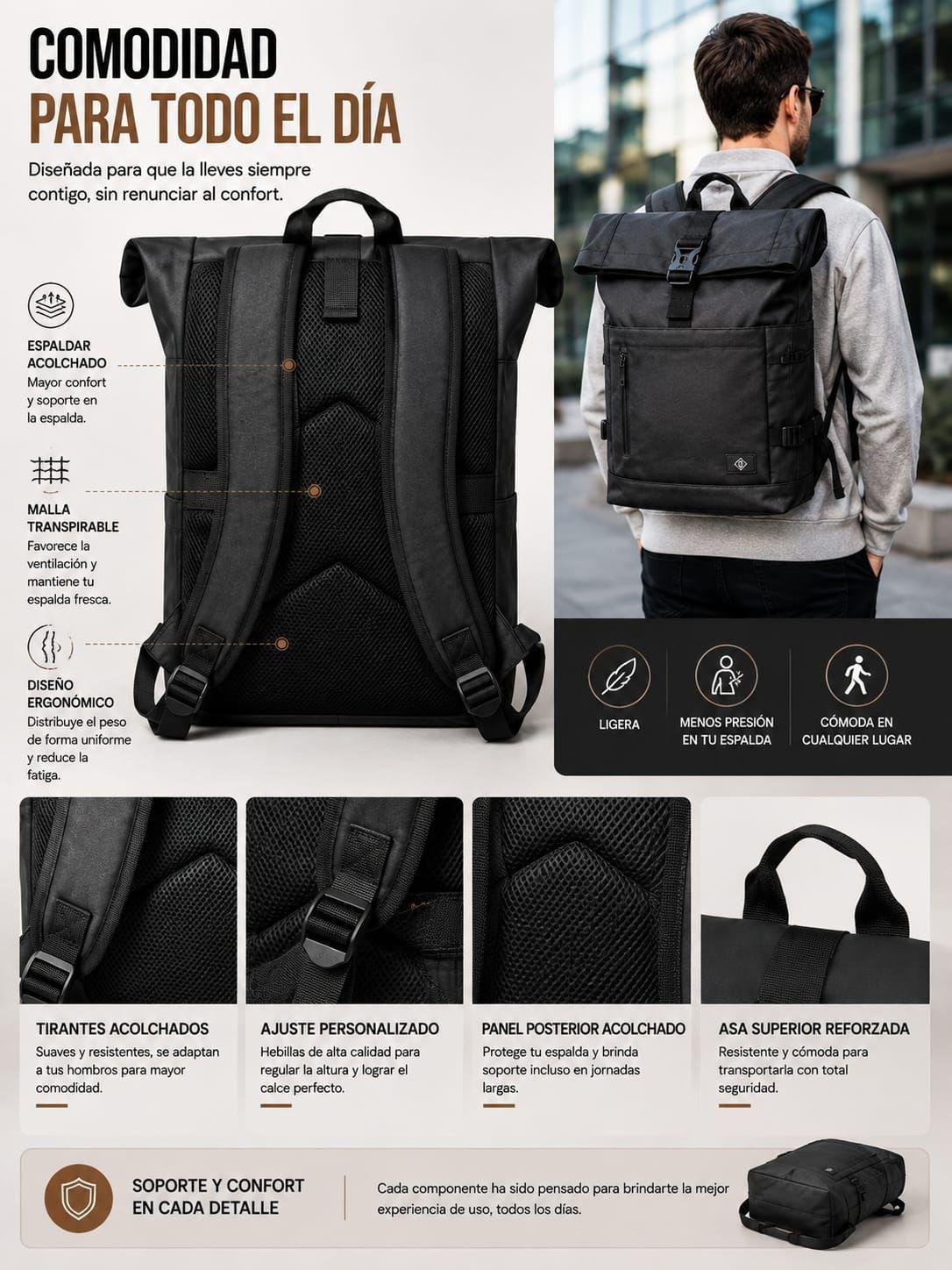 Mochila Impermeable Roll Top Bag Viaje Notebook Urbana 25-4
