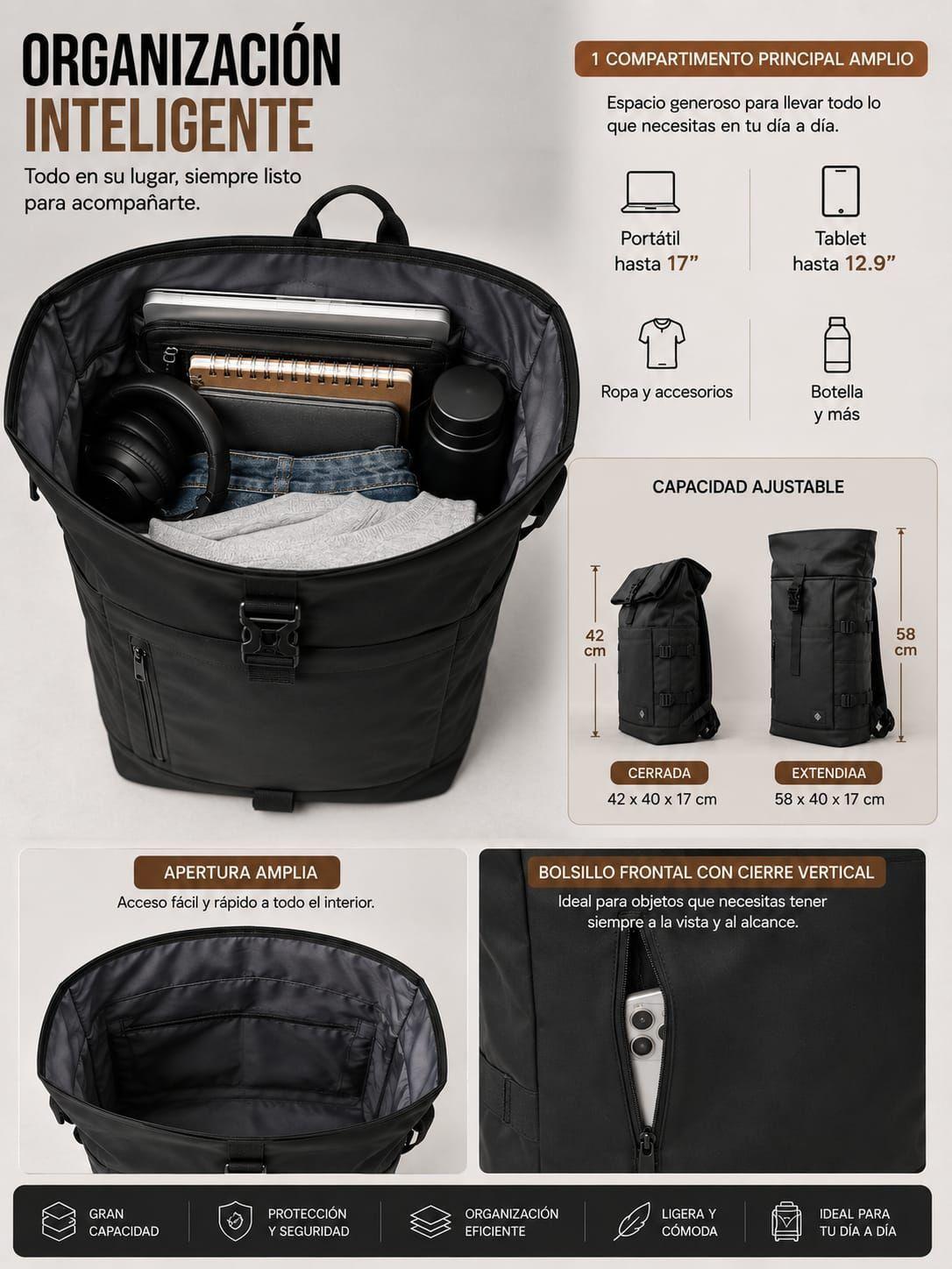 Mochila Impermeable Roll Top Bag Viaje Notebook Urbana 25-5