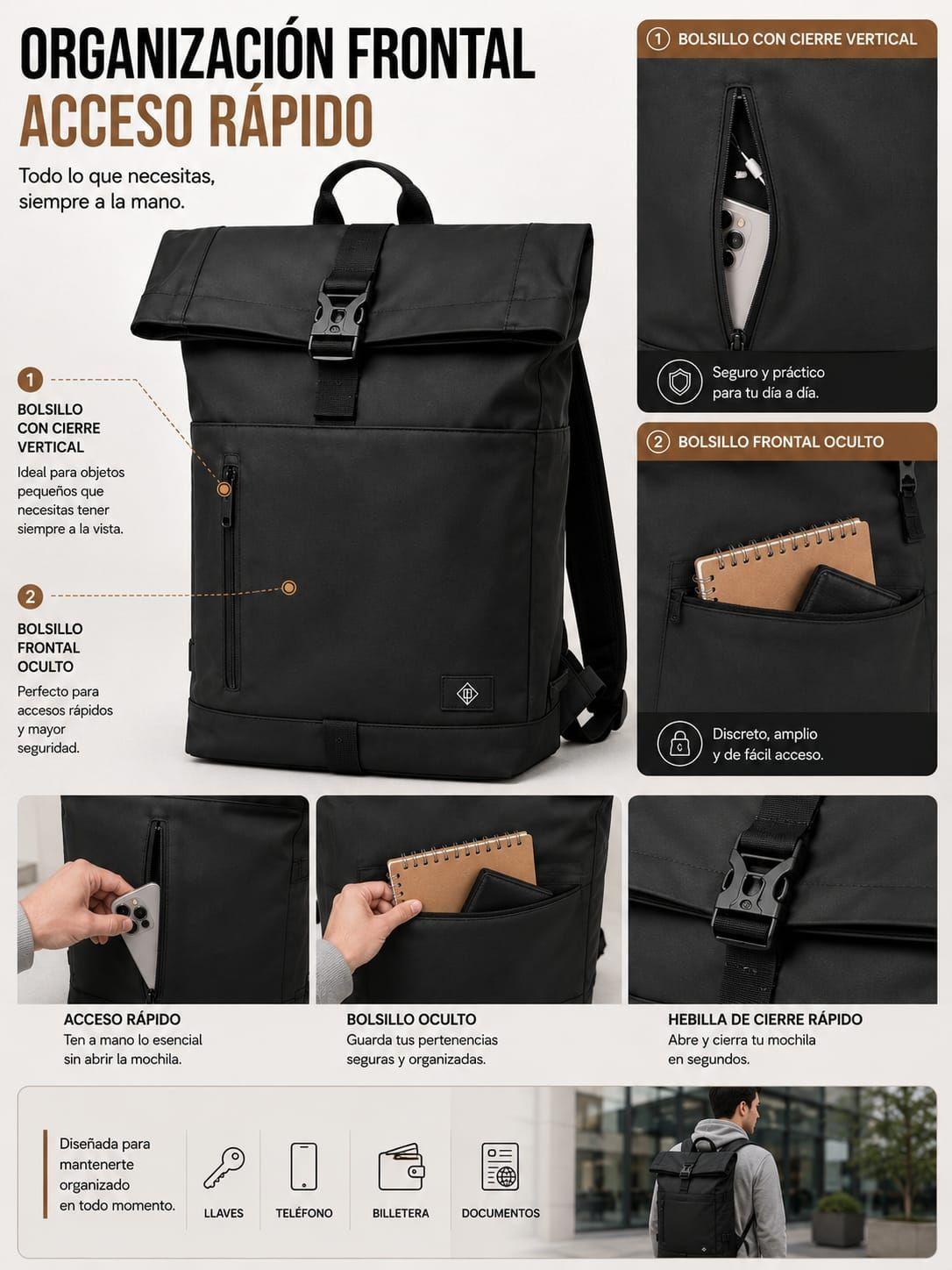 Mochila Impermeable Roll Top Bag Viaje Notebook Urbana 25-6