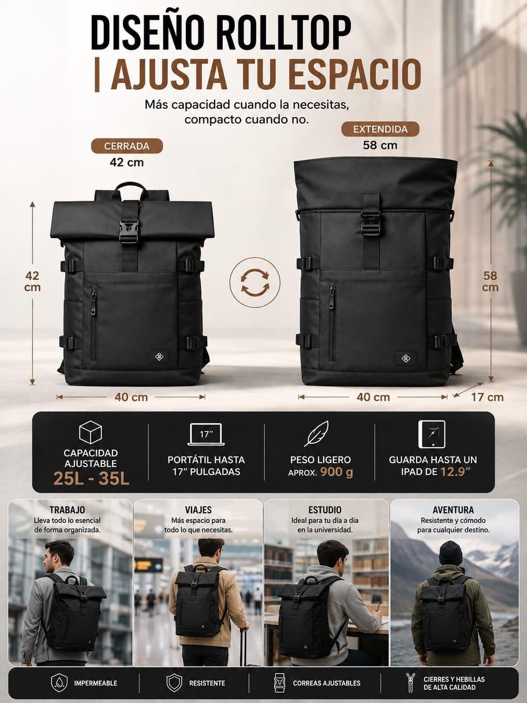 Mochila Impermeable Roll Top Bag Viaje Notebook Urbana 25-7