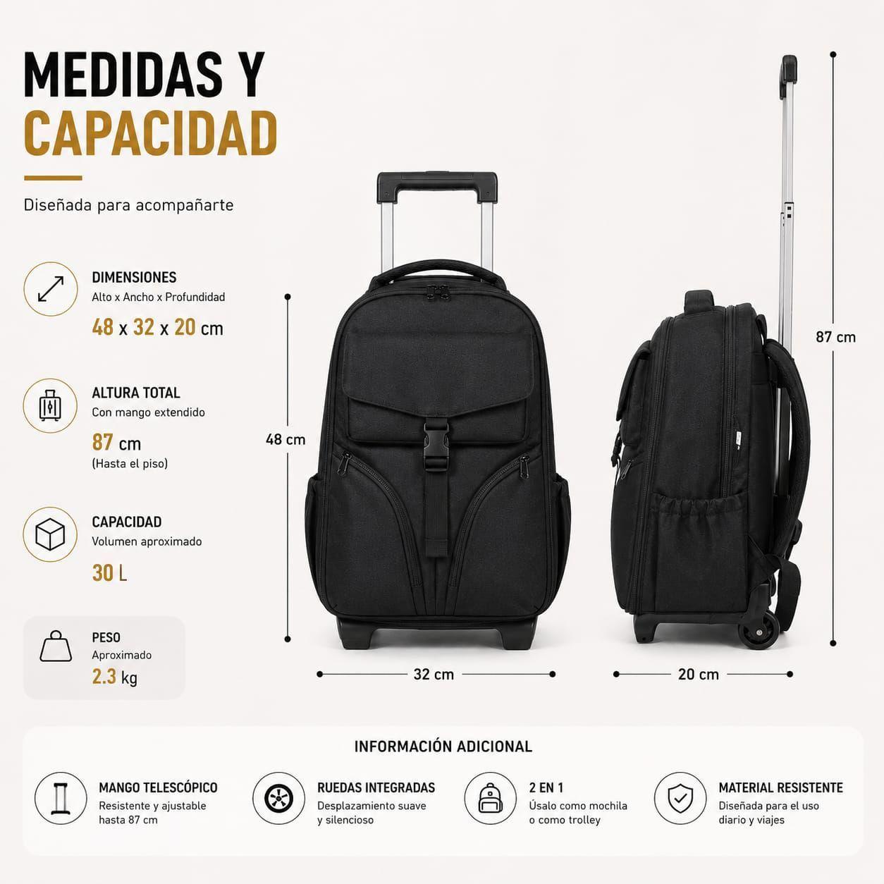 Mochila Trolley Con Ruedas 2en1 Viaje Oficina Ejecutiva 30L-3