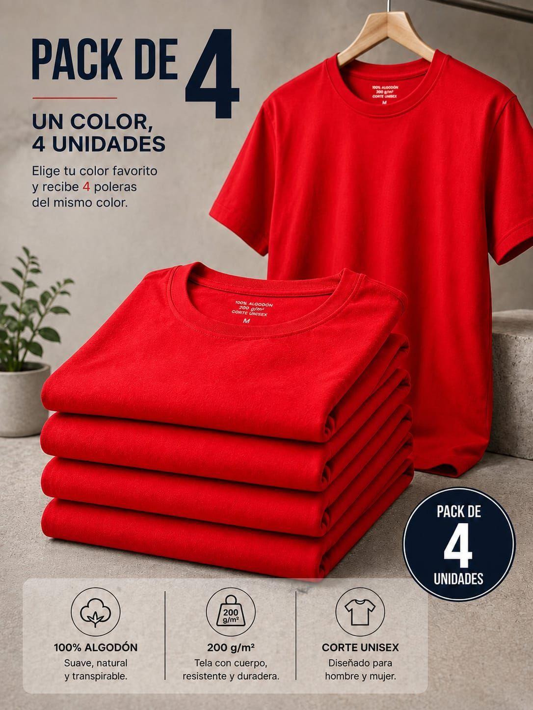 Pack 4 Poleras Basicas Cuello Redondo 100 Algodon 200g Manga Corta-2