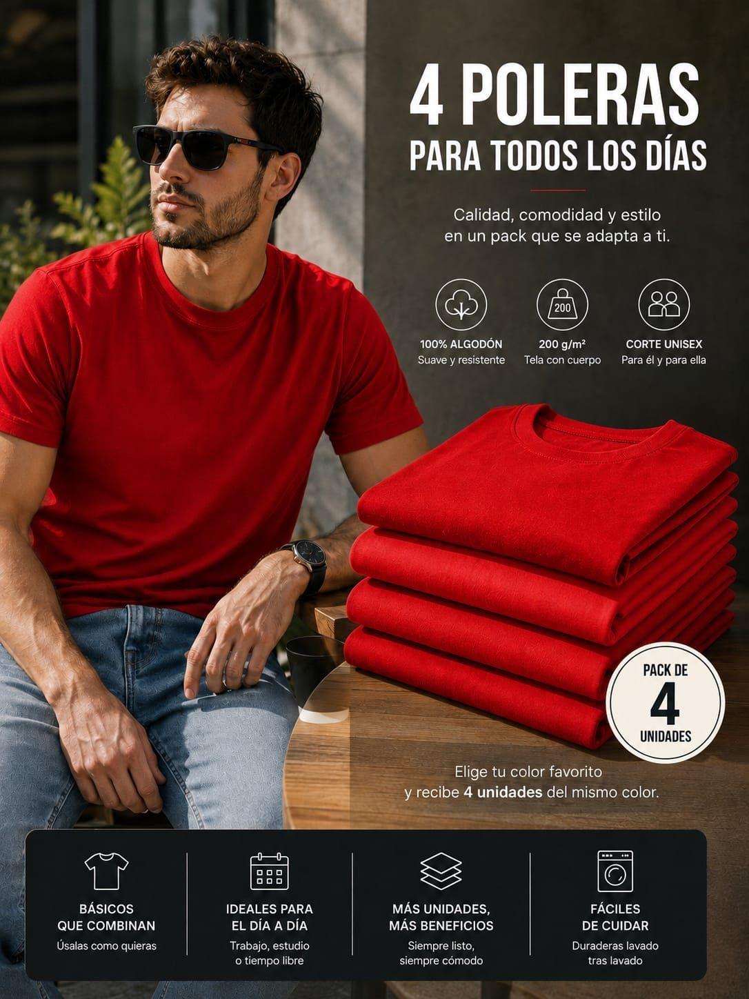 Pack 4 Poleras Basicas Cuello Redondo 100 Algodon 200g Manga Corta-3