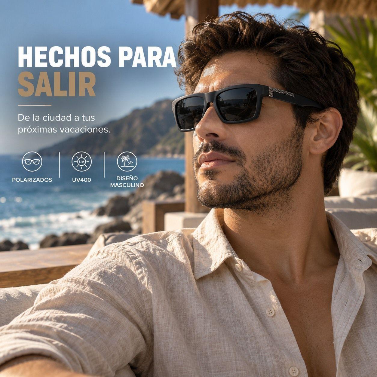 Lentes De Sol Polarizado Hombre Rectangular Negro Uv400-4