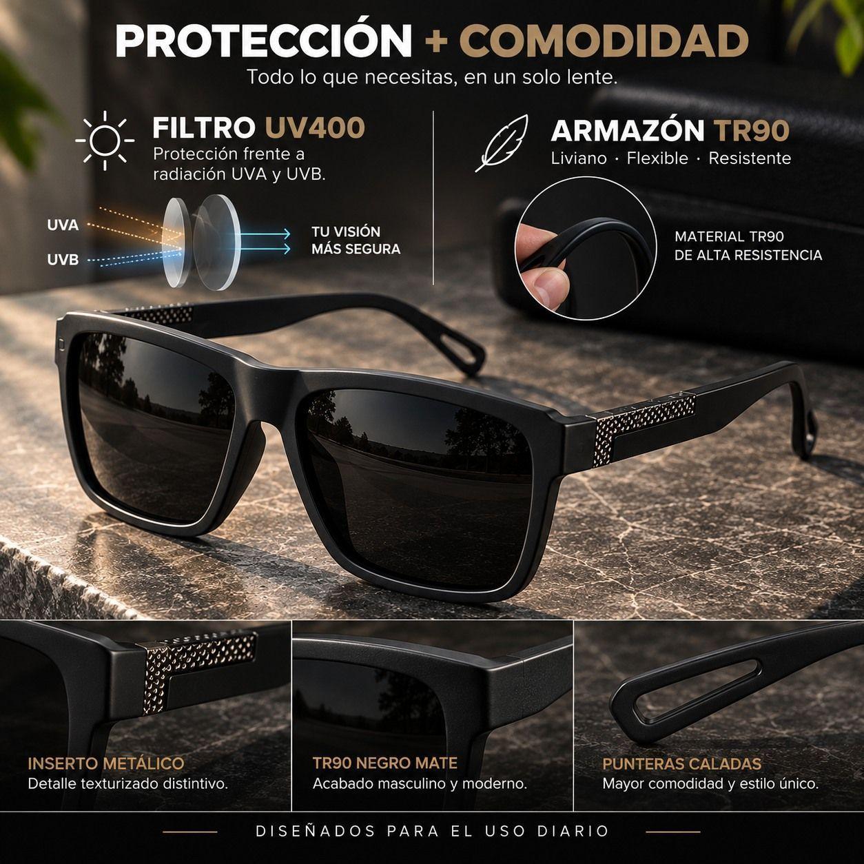 Lentes De Sol Polarizado Hombre Rectangular Negro Uv400-5
