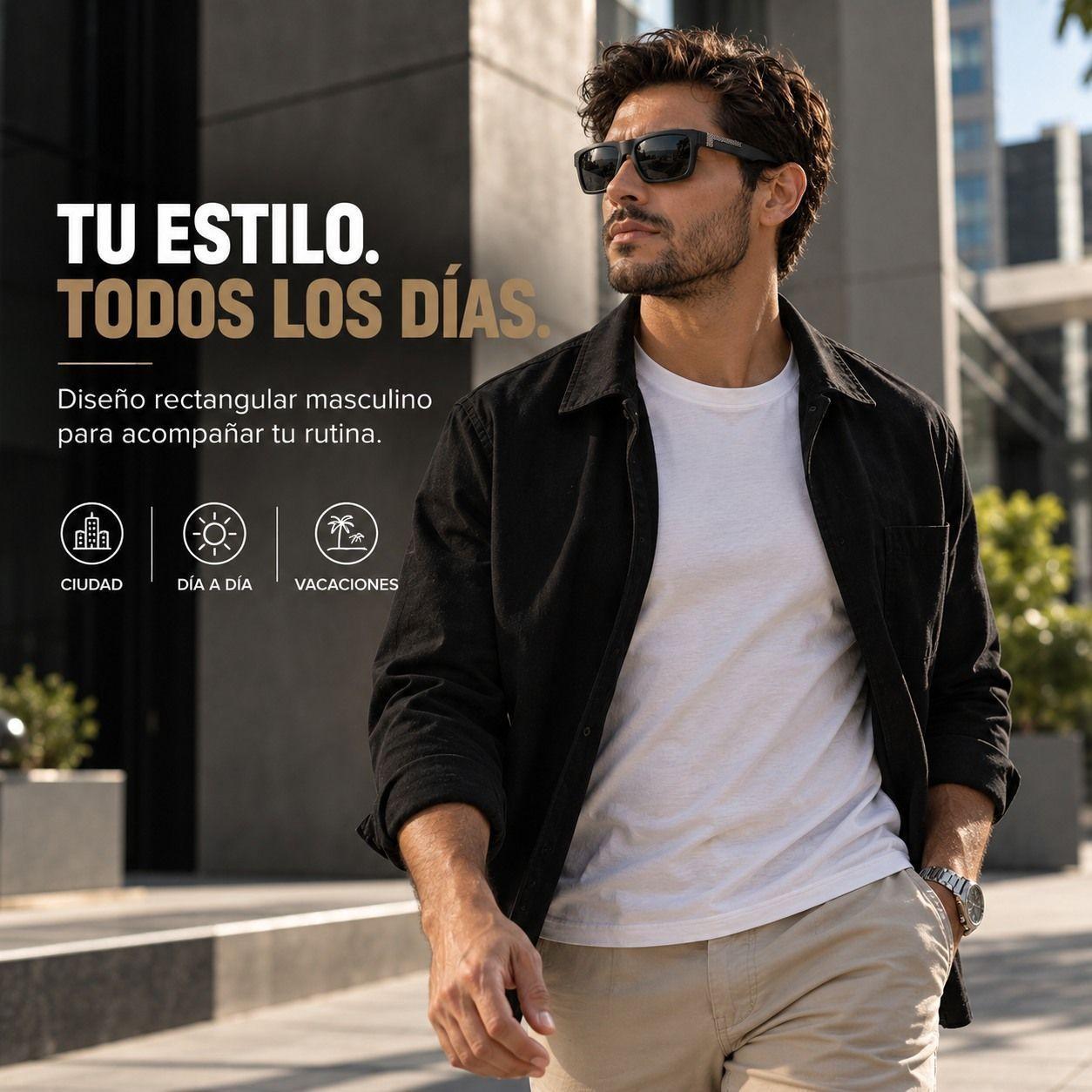 Lentes De Sol Polarizado Hombre Rectangular Negro Uv400-6