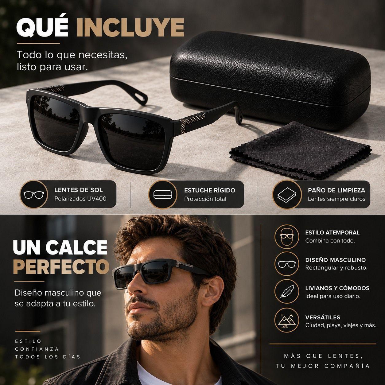 Lentes De Sol Polarizado Hombre Rectangular Negro Uv400-9