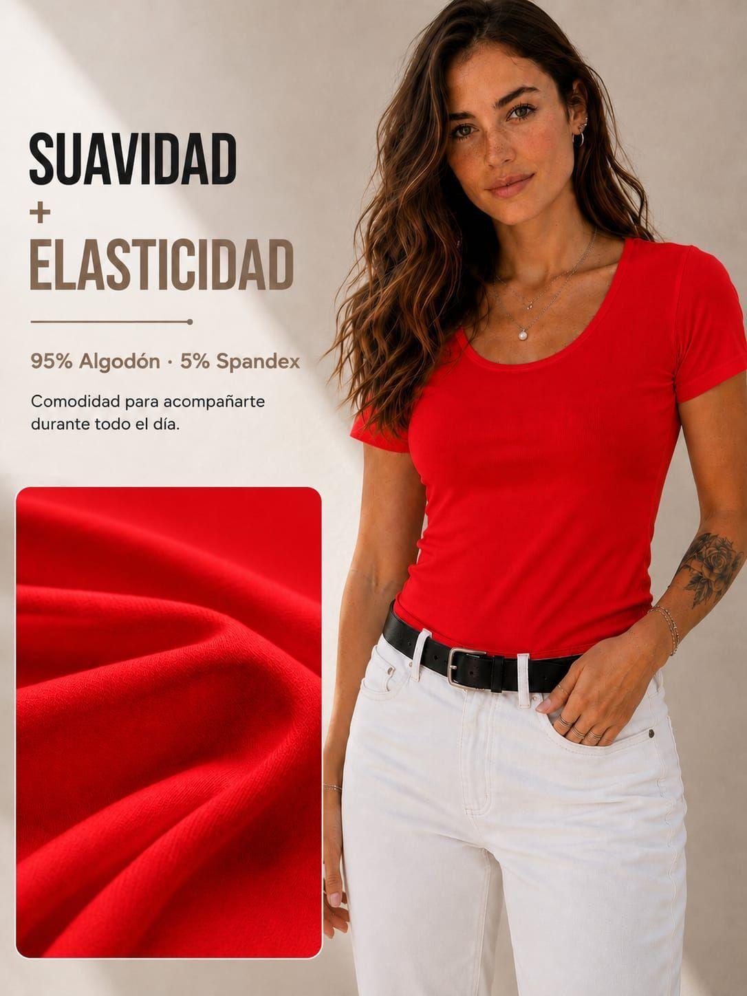 Polera Elasticada De Mujer 180g Manga Corta Cuello Redondo-4