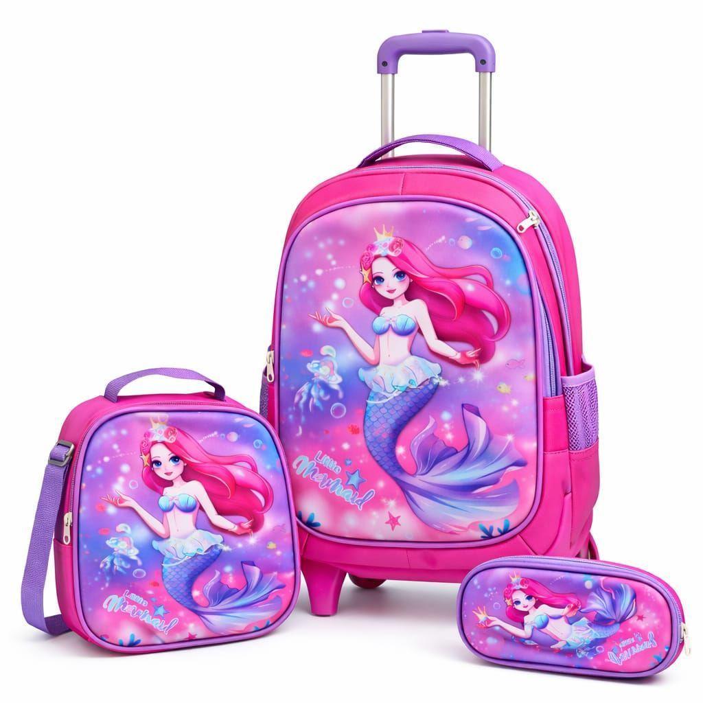 Kits Mochila Con Ruedas Escolar Estuche Y Lonchera Infantil Sirena-0
