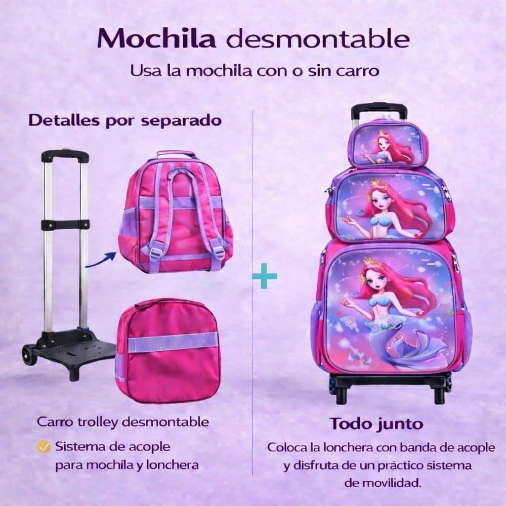 Kits Mochila Con Ruedas Escolar Estuche Y Lonchera Infantil Sirena-1