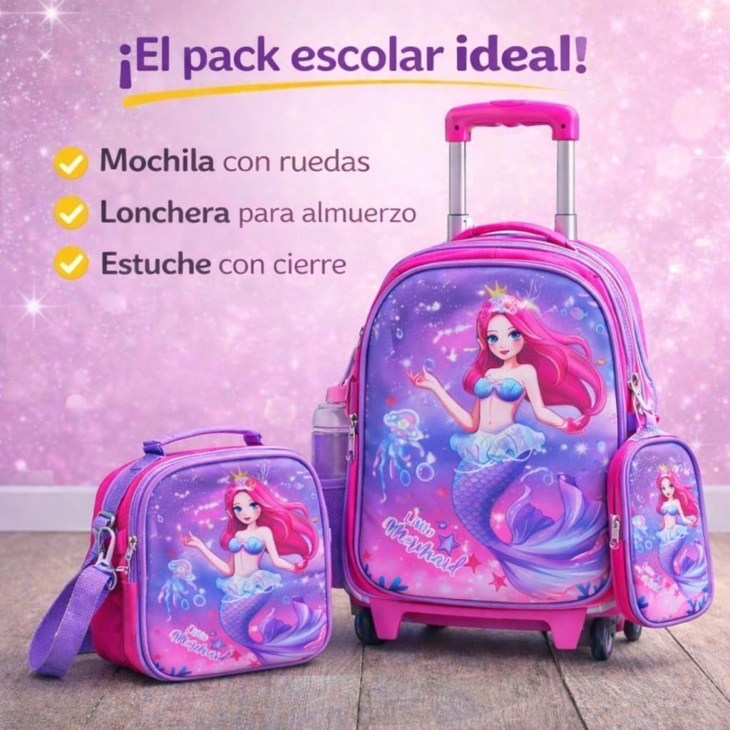 Kits Mochila Con Ruedas Escolar Estuche Y Lonchera Infantil Sirena-4