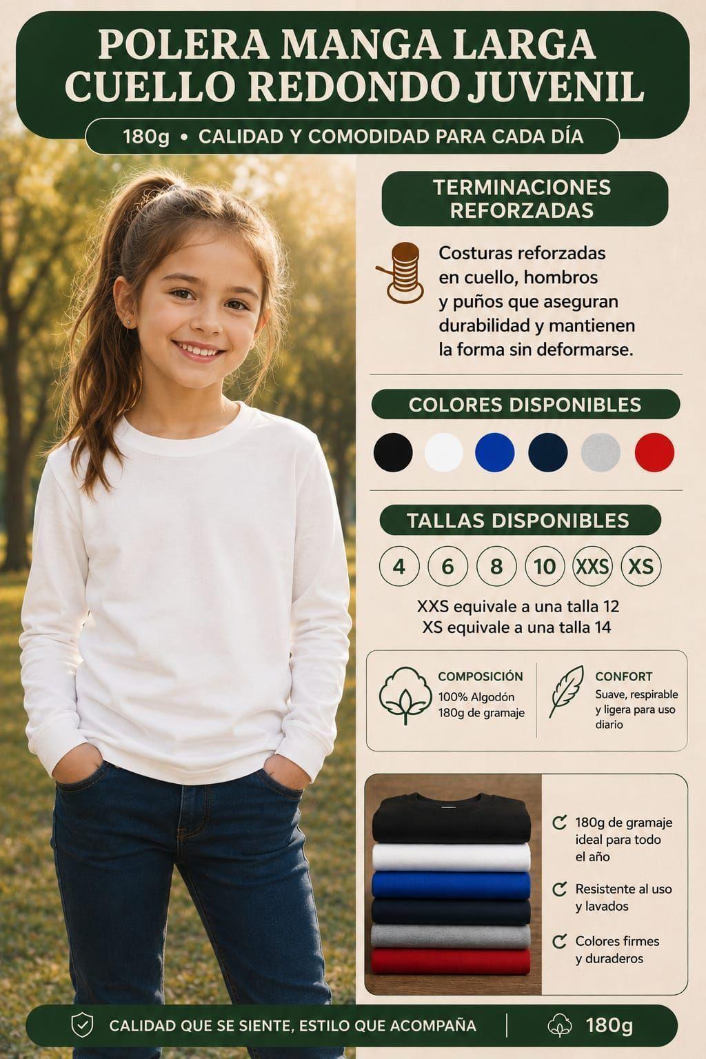 Poleras Manga Larga Ninos Basica 100 Algodon Cuello Redondo 180G-6