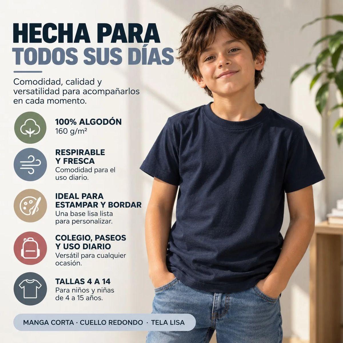 Poleras Niños Basica 100 Algodon Manga Corta Cuello Redondo-5
