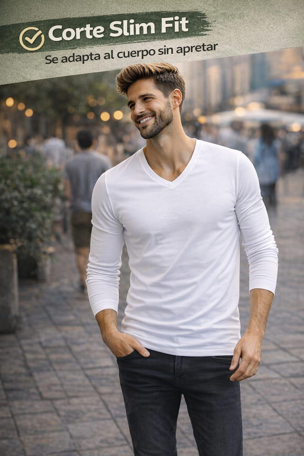 Polera Manga Larga Cuello V 100 Algodon Slimfit Basica 200g-3