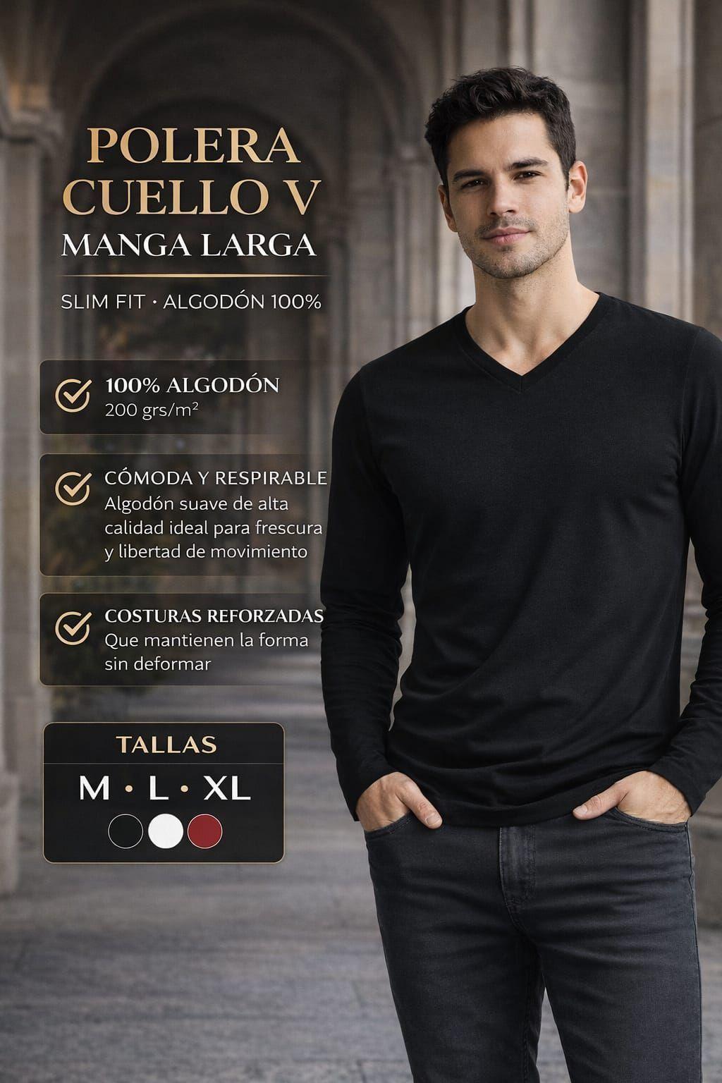 Polera Manga Larga Cuello V 100 Algodon Slimfit Basica 200g-4