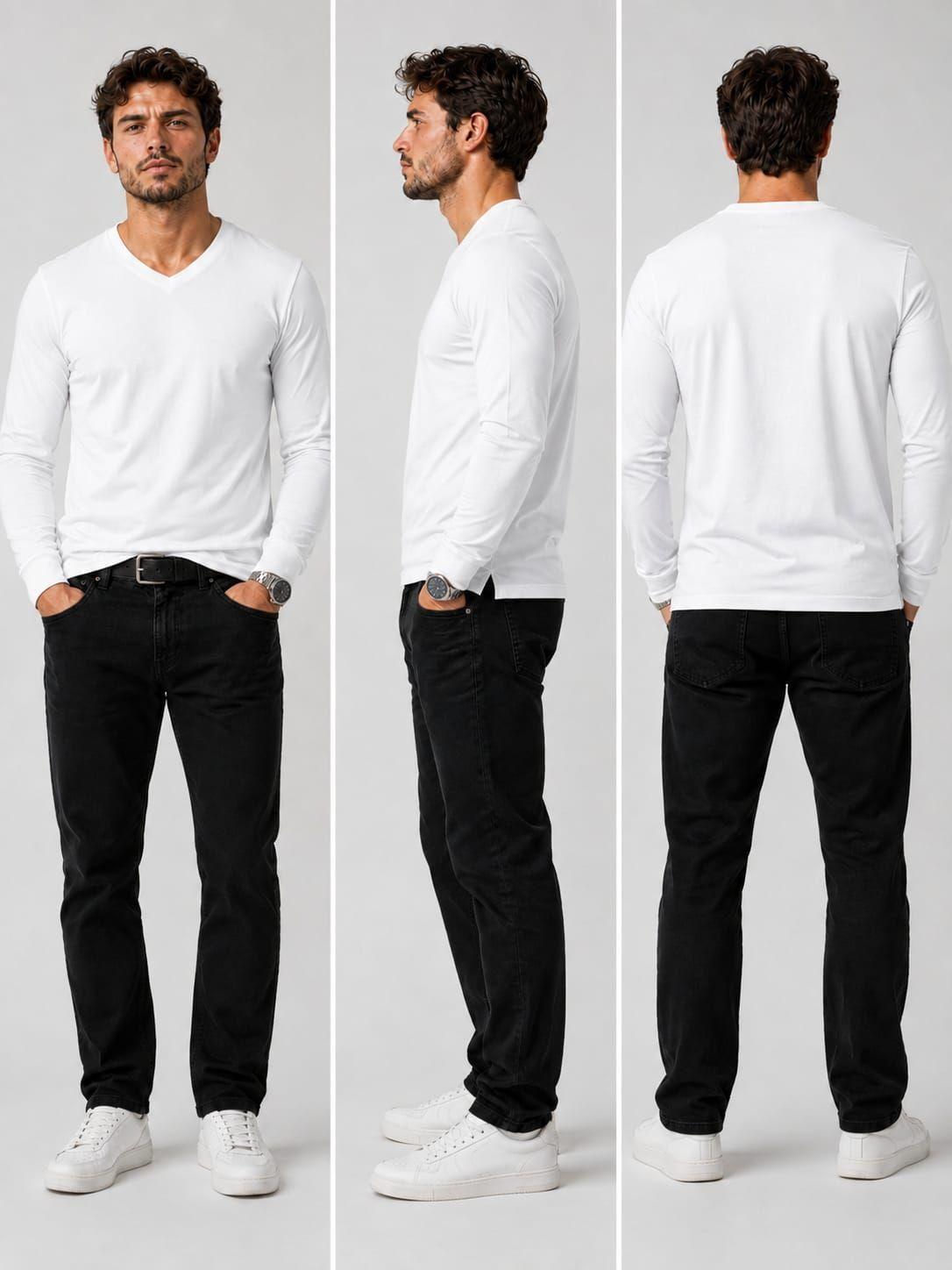 Polera Manga Larga Cuello V De Hombre 200g Slimfit Basica -3