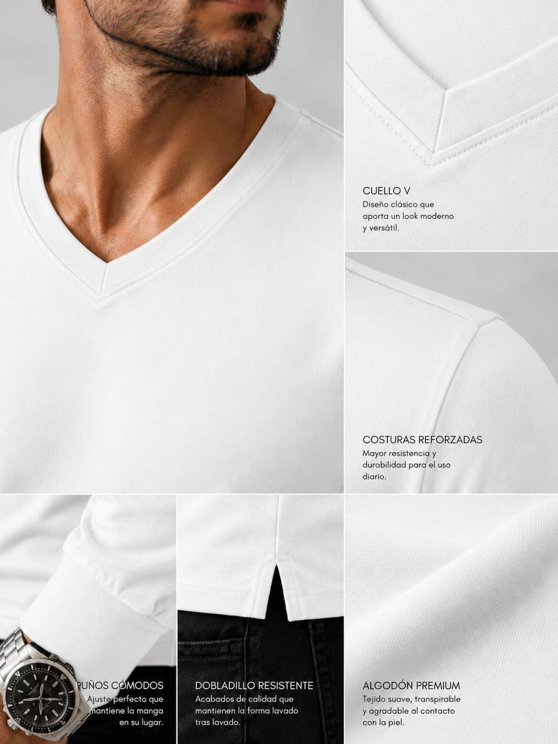 Polera Manga Larga Cuello V De Hombre 200g Slimfit Basica -4