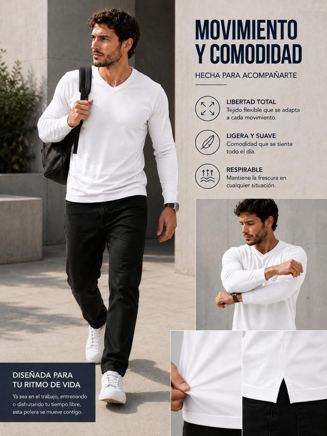 Polera Manga Larga Cuello V De Hombre 200g Slimfit Basica -7