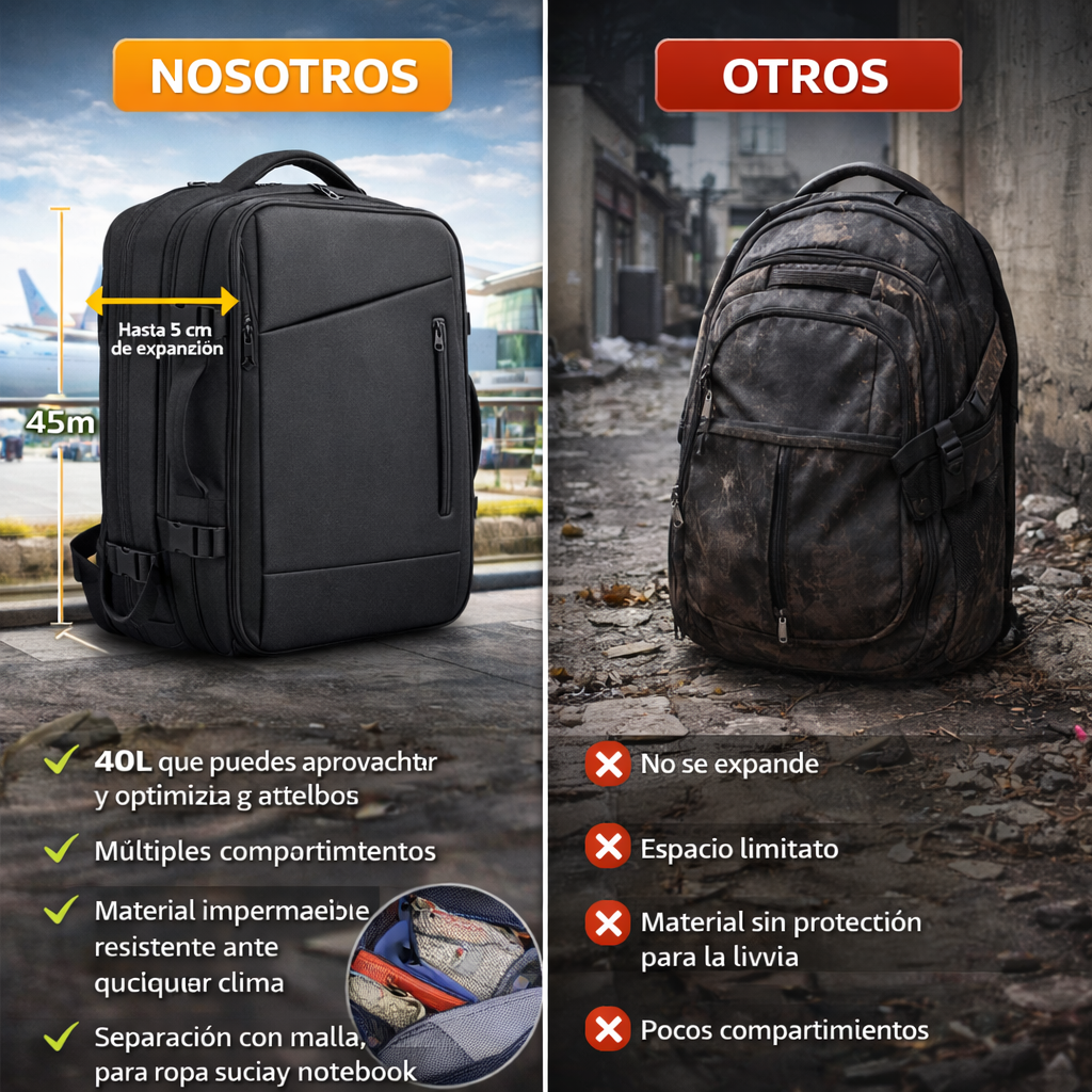 Mochila Viaje Avi n Cabina Expandible Impermeable Usb 40l Negro Lisa-9