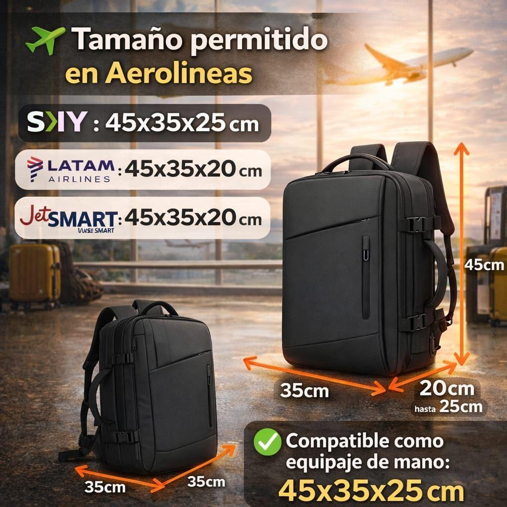 Mochila Viaje Avi n Cabina Expandible Impermeable Usb 40l Negro Lisa-2