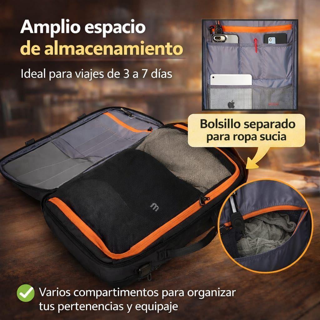 Mochila Viaje Avi n Cabina Expandible Impermeable Usb 40l Negro 40x30x25cm-3
